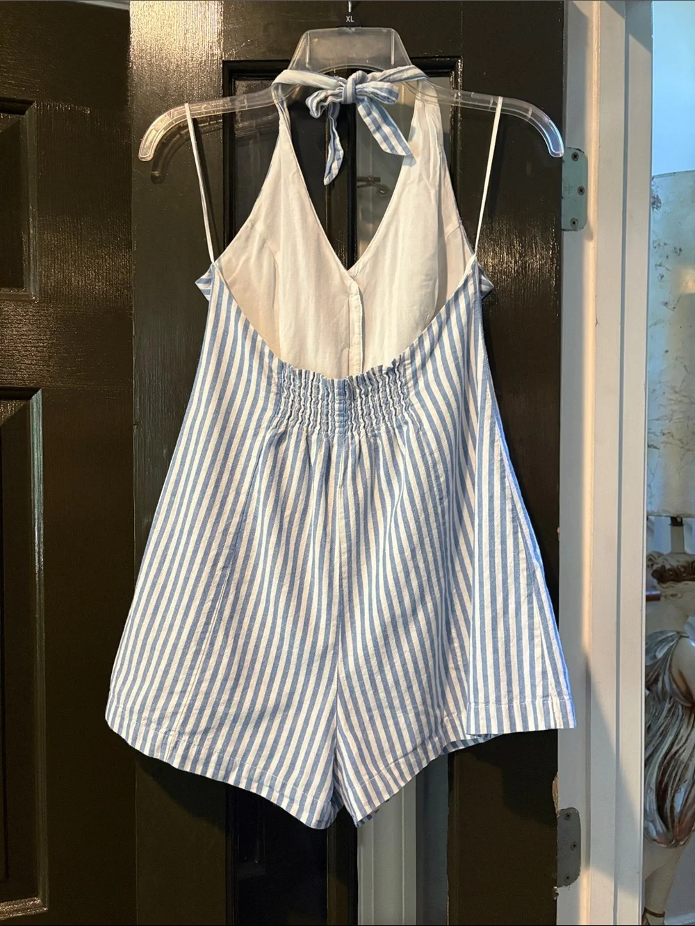 Blue & White Striped Halter Romper with Front Buttons